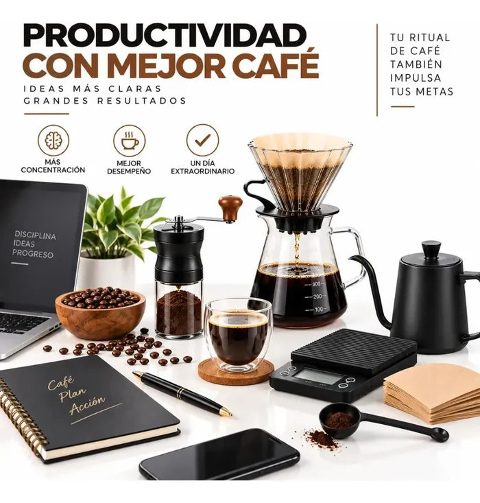 KIT CAFÉ PORTÁTIL MOLINO MANUAL GOTEO CUELLO CISNE 600ML