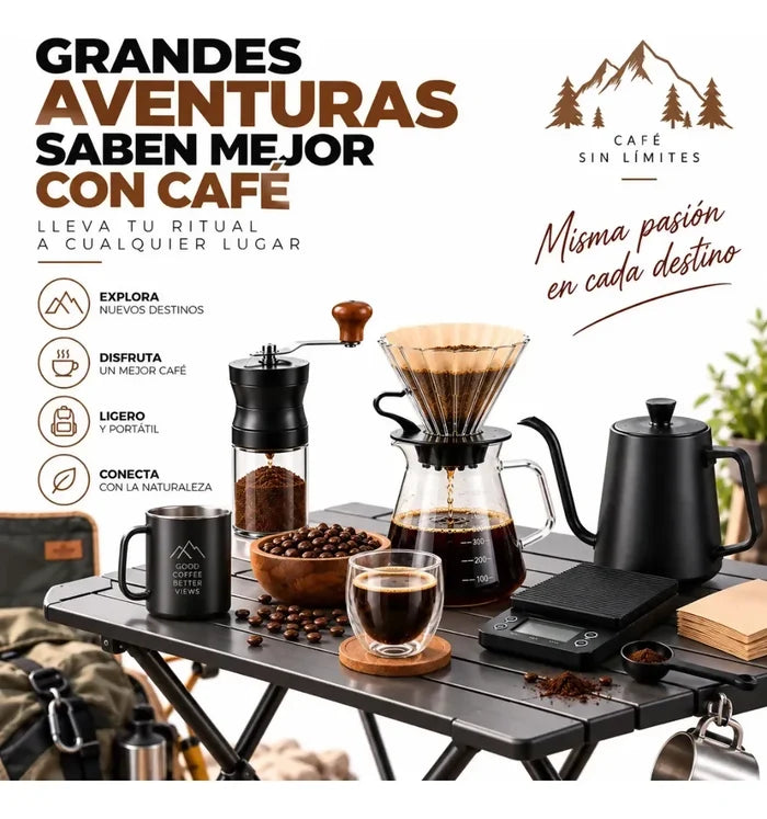 KIT CAFÉ PORTÁTIL MOLINO MANUAL GOTEO CUELLO CISNE 600ML