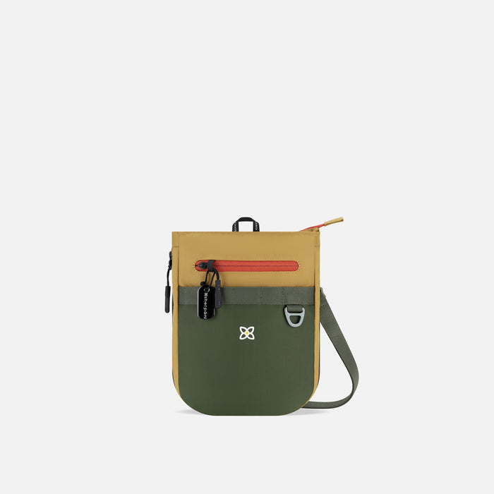 A Sherpani Lima Antelope Crossbody Purse, front view showing strap and lockable pocket on white backdrop. #color_antelope