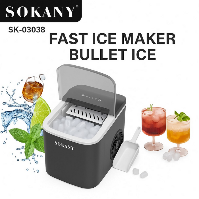 MÁQUINA DE HIELO PORTÁTIL CUBITOS, HASTA 26LBS SOKANY