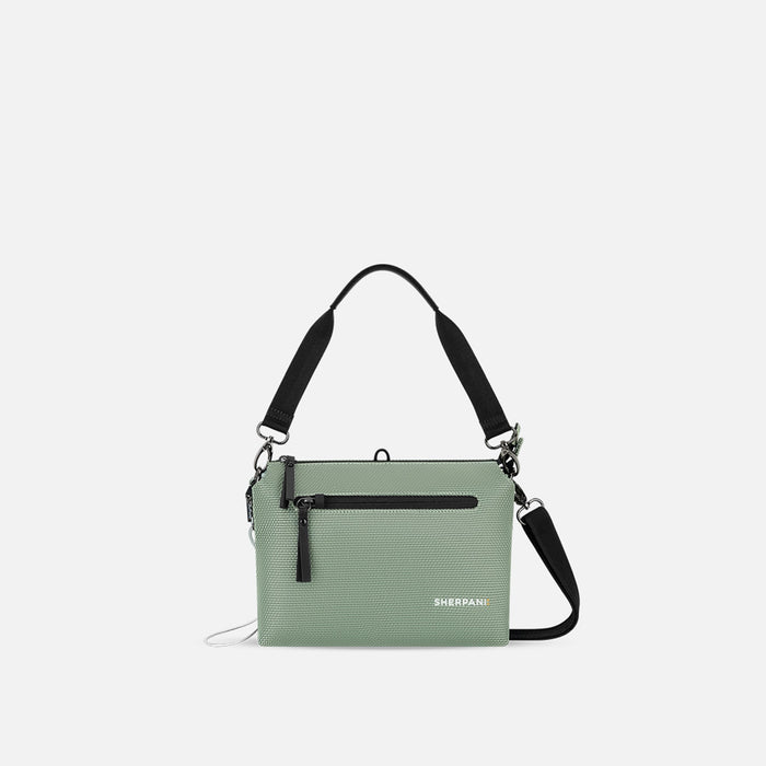 A Sherpani Mei Aloe Mist Green Anti-theft Travel Trio Crossbody, front view showing lockable pockets on white backdrop.  #color_aloe-mist-green
