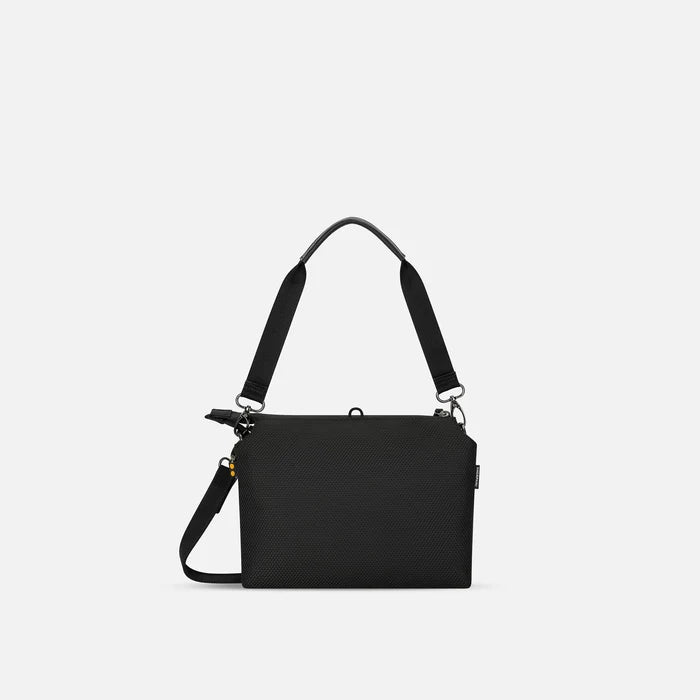 A Sherpani Mei Passport Anti-theft Travel Trio Crossbody, back view showing strap options on white backdrop.  #color_passport-print