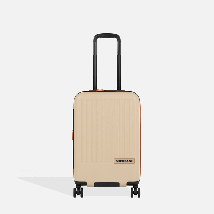 A Sherpani Meridian Chai Beige Carry-On Luggage, front view. #color_chai-beige