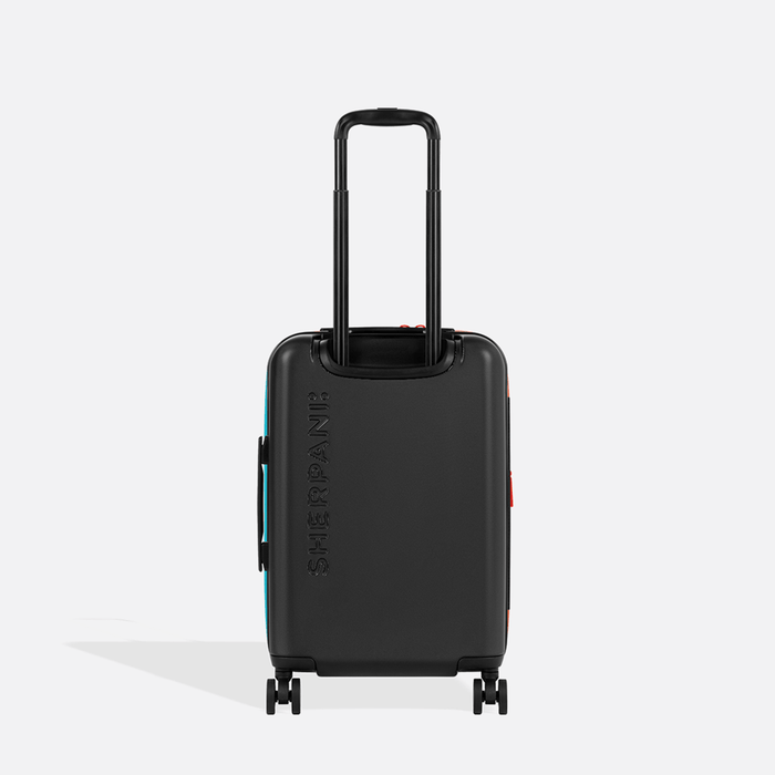 A Sherpani Meridian Chromatic Black Carry-On Luggage, back view showing handle and Sherpani logo on white backdrop. #color_chromatic-black