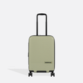 A Sherpani Meridian Matcha Carry-On Luggage, front view showing handle and zipper extender on white backdrop.  #color_matcha-green