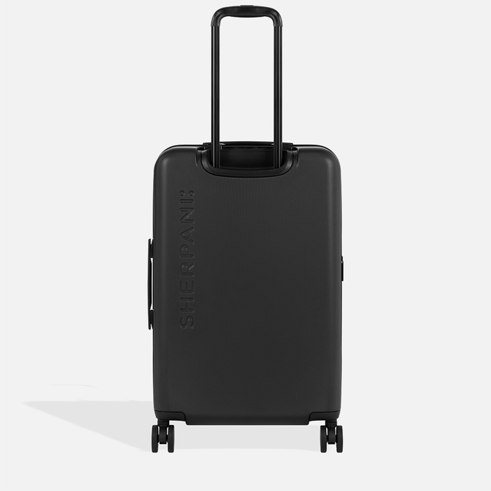 A Sherpani Meridian Black Checked-Luggage, back view showing handle and Sherpani logo on white backdrop.  #color_black