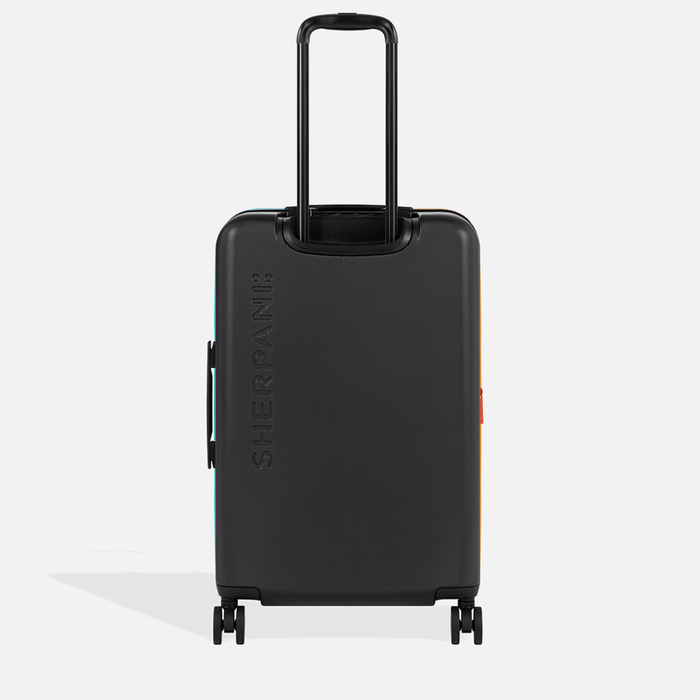 A Sherpani Meridian Chromatic Black Checked-Luggage, back view showing handle and Sherpani logo on white backdrop. #color_chromatic-black