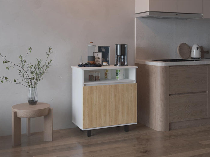 MESA AUXILIAR DE COCINA LONA, BLANCO DUQUEZA Y FRESNO EUROPEO, CON 2 PUERTAS ABATIBLES Y ESPACIO PARA MICROONDAS