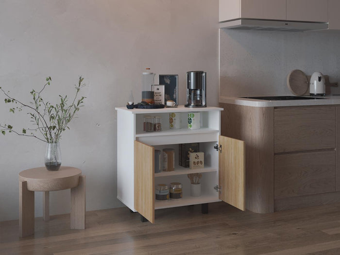 MESA AUXILIAR DE COCINA LONA, BLANCO DUQUEZA Y FRESNO EUROPEO, CON 2 PUERTAS ABATIBLES Y ESPACIO PARA MICROONDAS