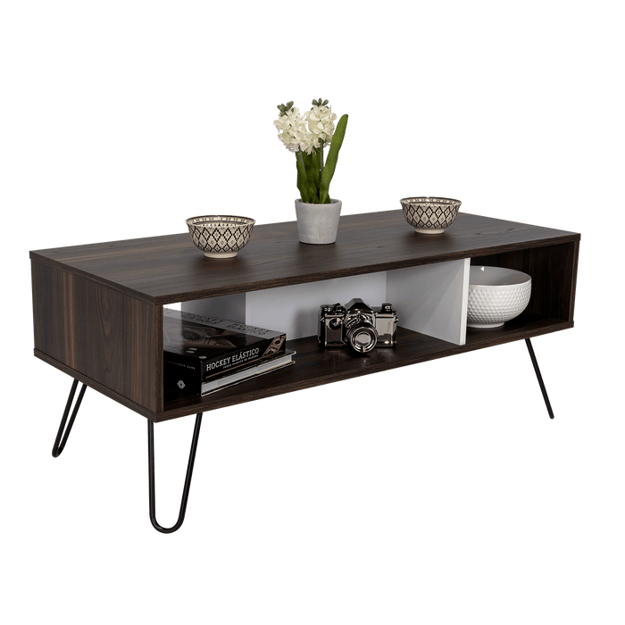MESA DE CENTRO LARA, CAOBA Y BLANCO, CON AMPLIO ESPACIO Y PATAS DE ACERO