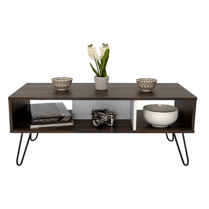 MESA DE CENTRO LARA, CAOBA Y BLANCO, CON AMPLIO ESPACIO Y PATAS DE ACERO
