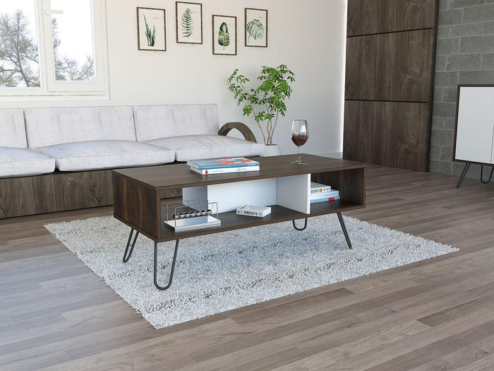 MESA DE CENTRO LARA, CAOBA Y BLANCO, CON AMPLIO ESPACIO Y PATAS DE ACERO