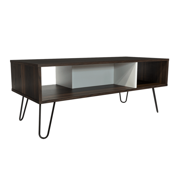 MESA DE CENTRO LARA, CAOBA Y BLANCO, CON AMPLIO ESPACIO Y PATAS DE ACERO