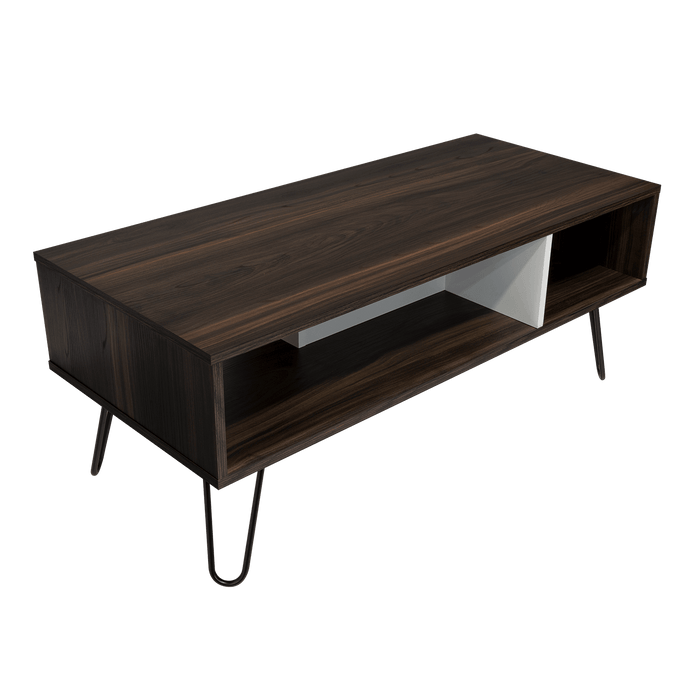 MESA DE CENTRO LARA, CAOBA Y BLANCO, CON AMPLIO ESPACIO Y PATAS DE ACERO