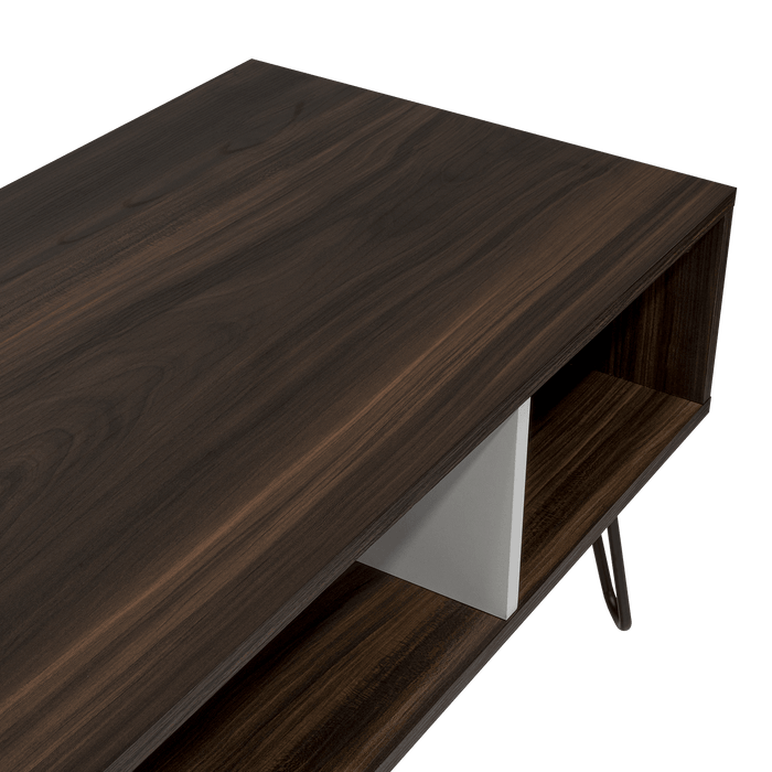 MESA DE CENTRO LARA, CAOBA Y BLANCO, CON AMPLIO ESPACIO Y PATAS DE ACERO