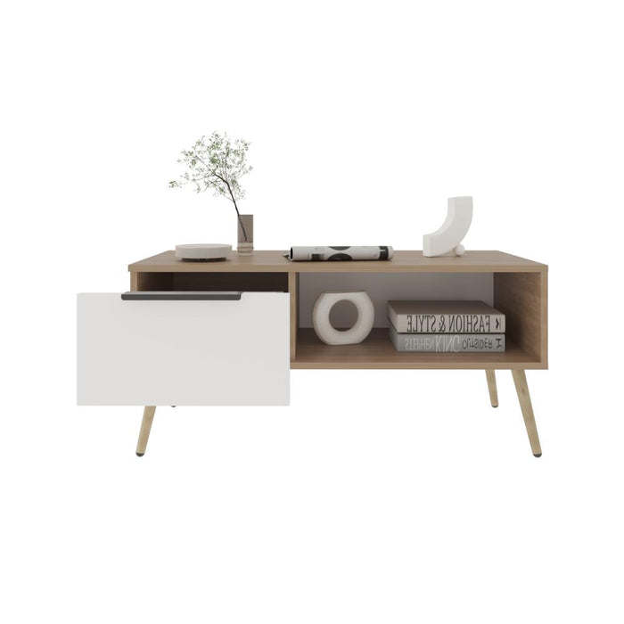 Mesa de Centro Wenden, Blanco, Con un Cajón y patas de madera ZF