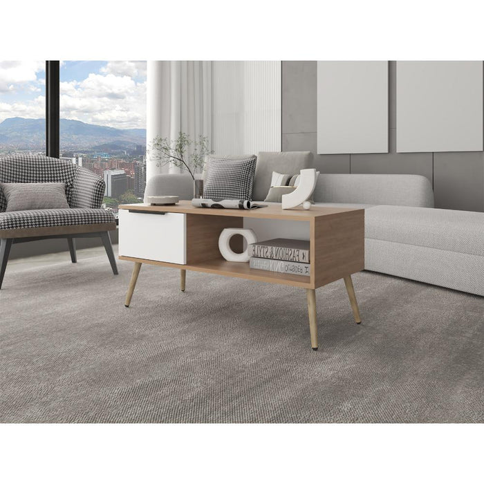 Mesa de Centro Wenden, Blanco, Con un Cajón y patas de madera ZF