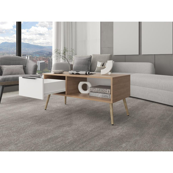 Mesa de Centro Wenden, Blanco, Con un Cajón y patas de madera ZF