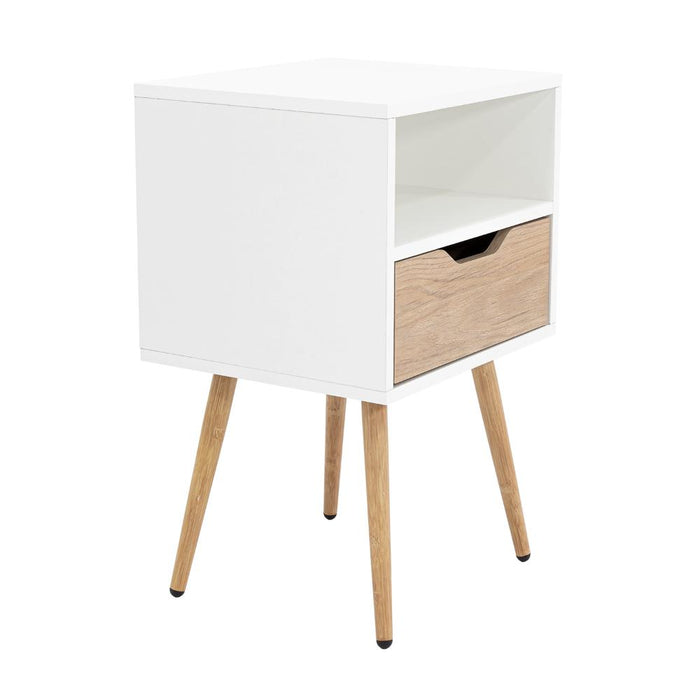 MESA DE NOCHE ALESIO, BLANCO Y BEIGE, CON UN CAJÓN