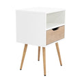 MESA DE NOCHE ALESIO, BLANCO Y BEIGE, CON UN CAJÓN