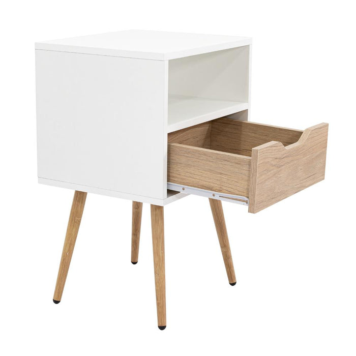 MESA DE NOCHE ALESIO, BLANCO Y BEIGE, CON UN CAJÓN