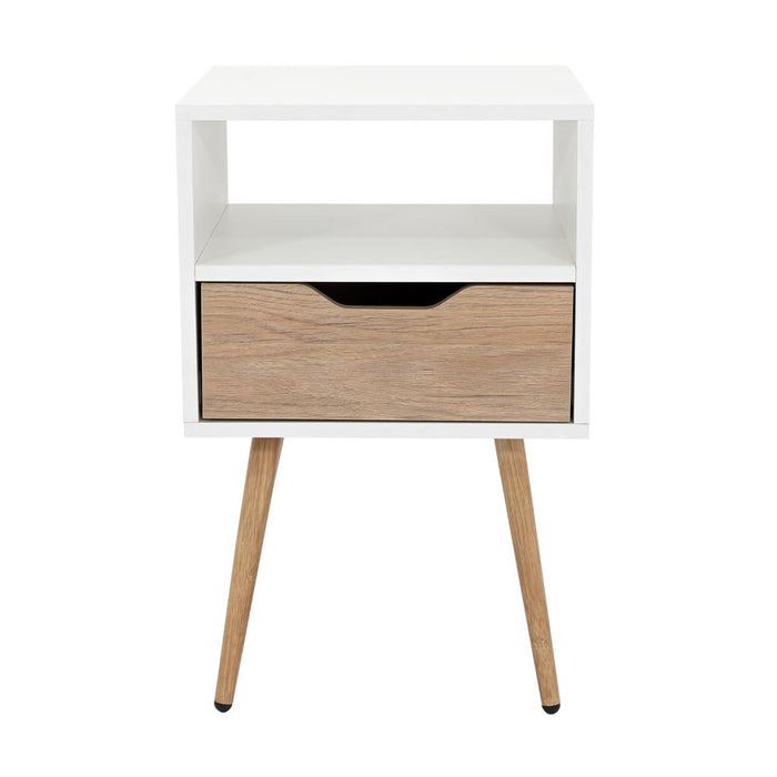 MESA DE NOCHE ALESIO, BLANCO Y BEIGE, CON UN CAJÓN