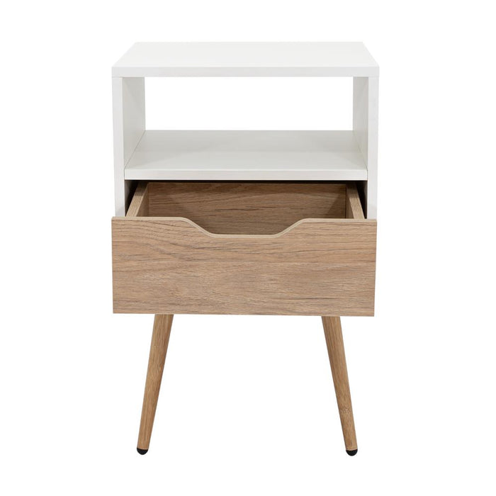 MESA DE NOCHE ALESIO, BLANCO Y BEIGE, CON UN CAJÓN