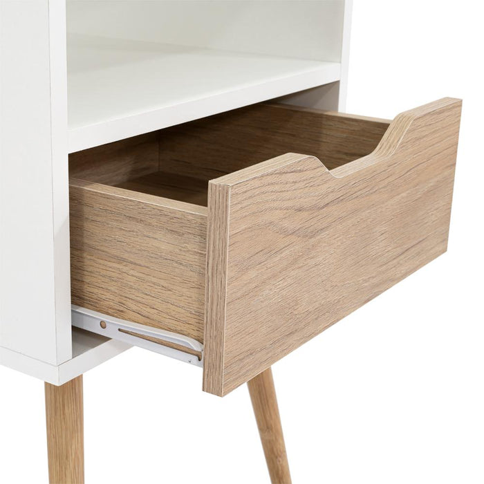 MESA DE NOCHE ALESIO, BLANCO Y BEIGE, CON UN CAJÓN