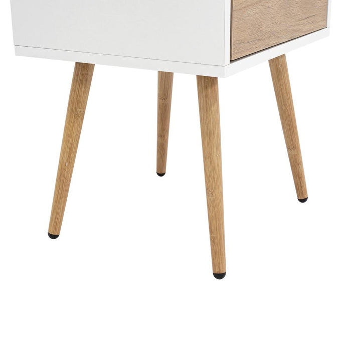 MESA DE NOCHE ALESIO, BLANCO Y BEIGE, CON UN CAJÓN