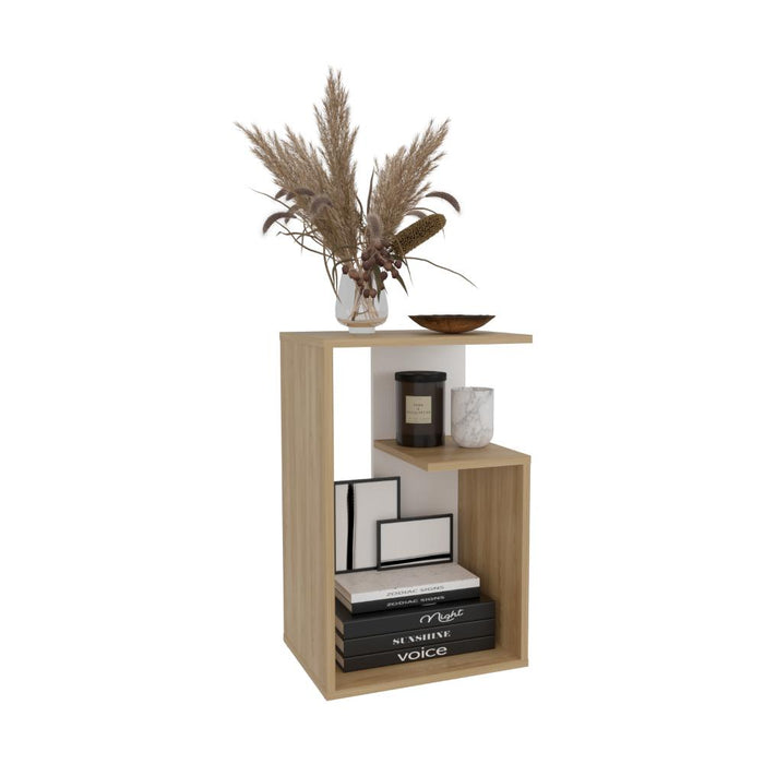 Mesa de Noche Evert, Fresno Europeo y Blanco, con diseño moderno y espacio para ubicar objetos