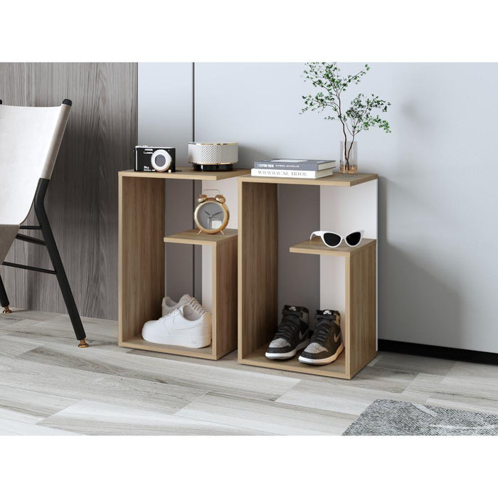 Mesa de Noche Evert, Fresno Europeo y Blanco, con diseño moderno y espacio para ubicar objetos
