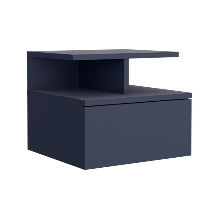 MESA DE NOCHE FLOTANTE NUBE, KRONOS AZUL, CON UN CAJÓN Y DIVISIÓN DE DOS ENTREPAÑOS