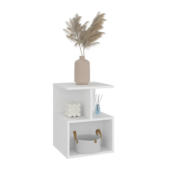 Mesa de Noche Ocaso, Blanco, Con variedad de entrepaños para ubicar objetos, diseño moderno ZF