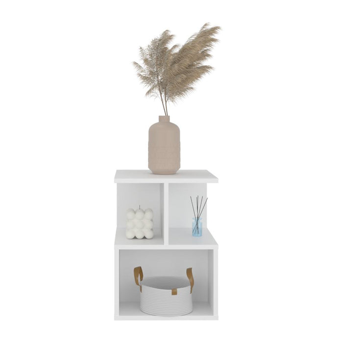 Mesa de Noche Ocaso, Blanco, Con variedad de entrepaños para ubicar objetos, diseño moderno ZF