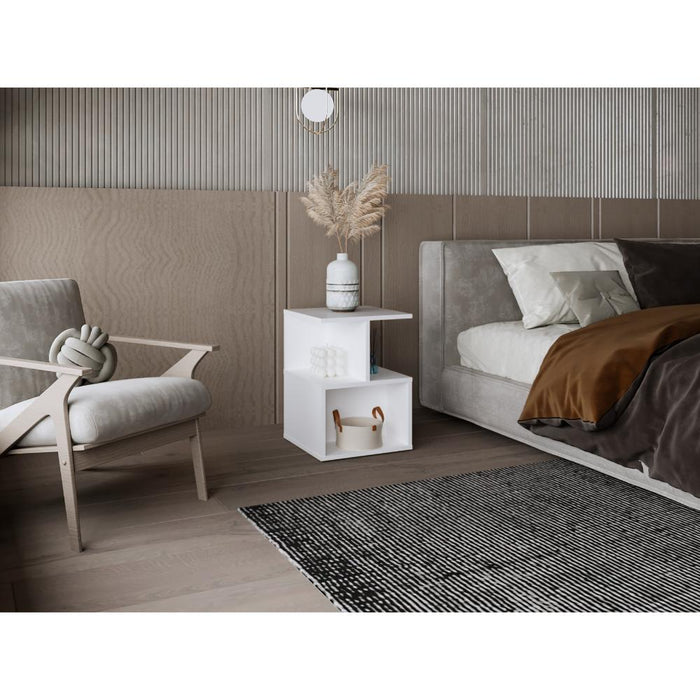 Mesa de Noche Ocaso, Blanco, Con variedad de entrepaños para ubicar objetos, diseño moderno ZF
