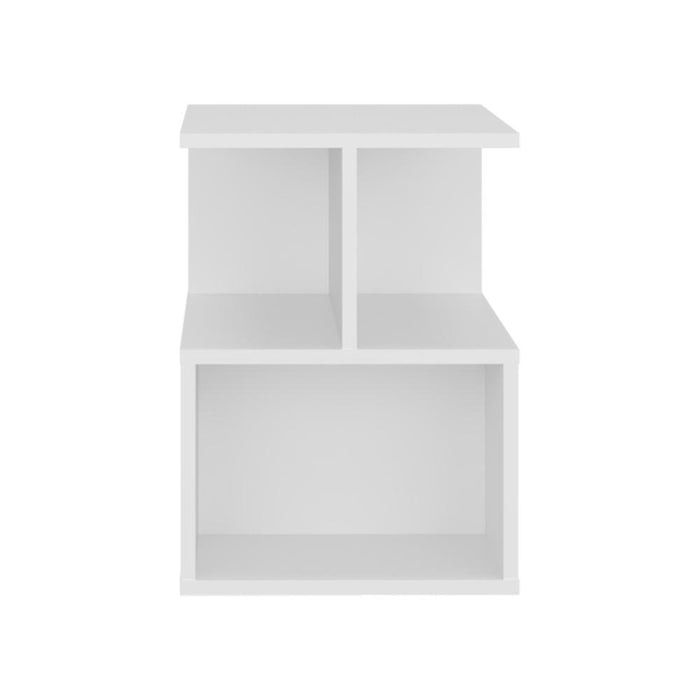 Mesa de Noche Ocaso, Blanco, Con variedad de entrepaños para ubicar objetos, diseño moderno ZF