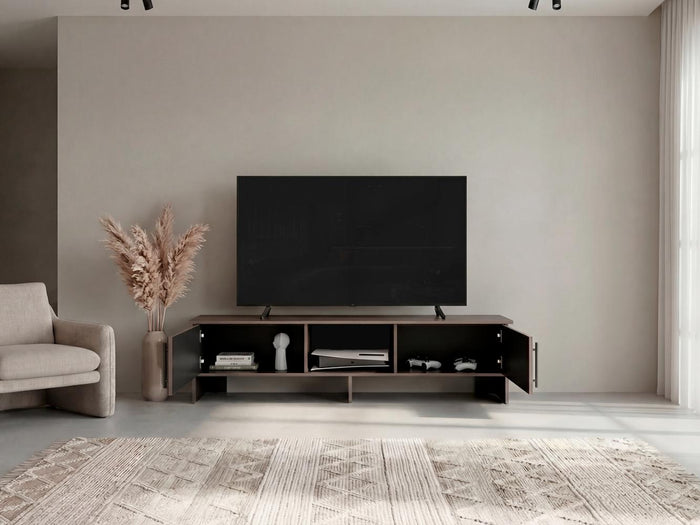 Mesa Para Tv Dago, Avellana y Wengue, Para Televisor de Hasta 65 Pulgadas con dos puertas