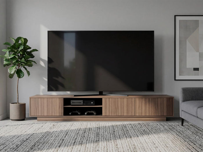 Mesa Para Tv Maldivas, Avellana y Wengue, Para Televisor de Hasta 100 Pulgadas con tres puertas
