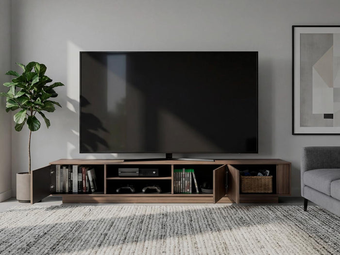 Mesa Para Tv Maldivas, Avellana y Wengue, Para Televisor de Hasta 100 Pulgadas con tres puertas