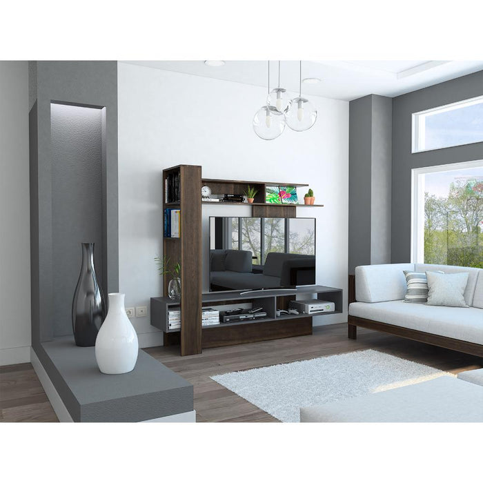 MESA PARA TV VEGAS, CAOBA Y PLATA OSCURO, CON ESPACIO PARA TELEVISOR DE HASTA 55 PULGADAS