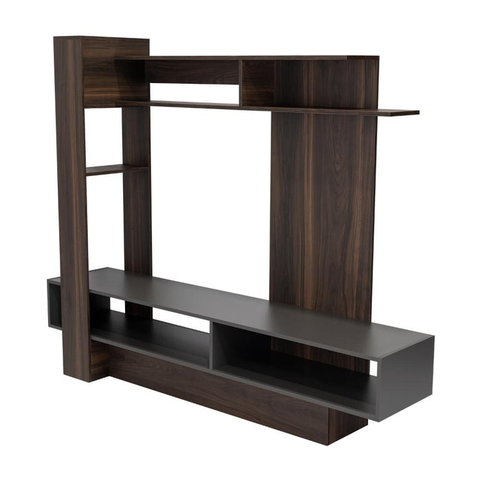 MESA PARA TV VEGAS, CAOBA Y PLATA OSCURO, CON ESPACIO PARA TELEVISOR DE HASTA 55 PULGADAS