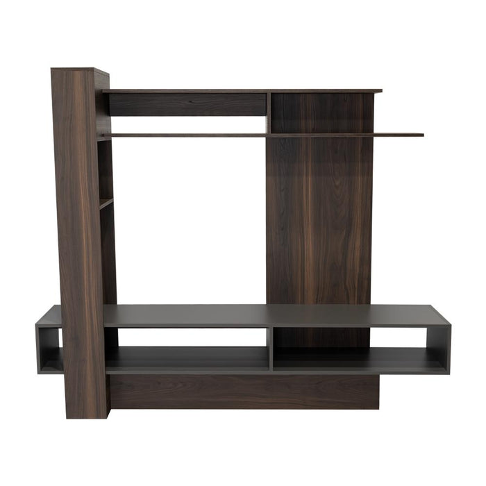MESA PARA TV VEGAS, CAOBA Y PLATA OSCURO, CON ESPACIO PARA TELEVISOR DE HASTA 55 PULGADAS