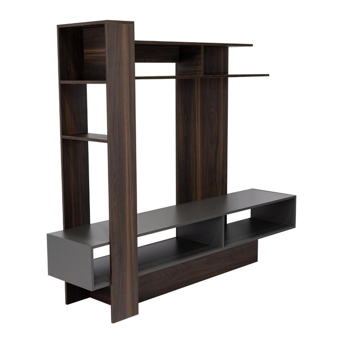 MESA PARA TV VEGAS, CAOBA Y PLATA OSCURO, CON ESPACIO PARA TELEVISOR DE HASTA 55 PULGADAS