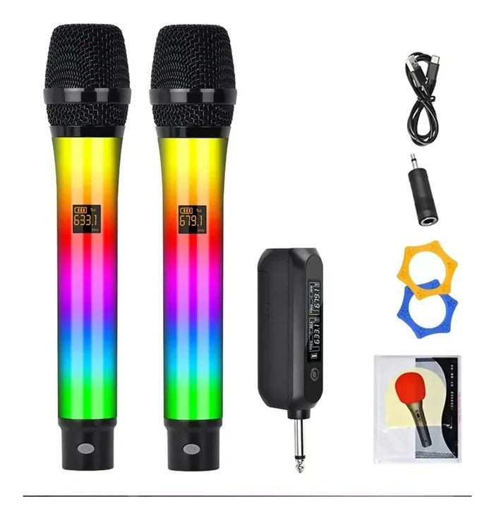 MICRÓFONO INALÁMBRICO DOBLE KARAOKE DINÁMICO PROFESIONAL RGB