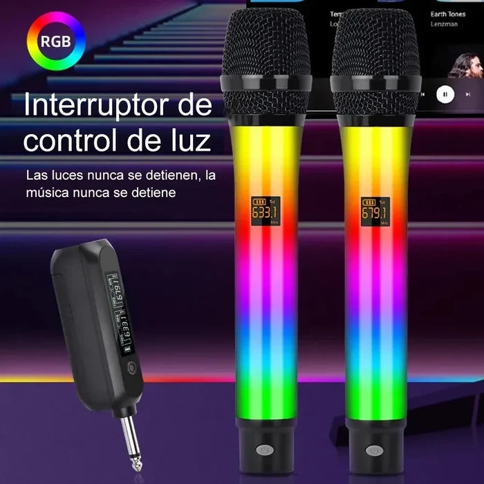 MICRÓFONO INALÁMBRICO DOBLE KARAOKE DINÁMICO PROFESIONAL RGB