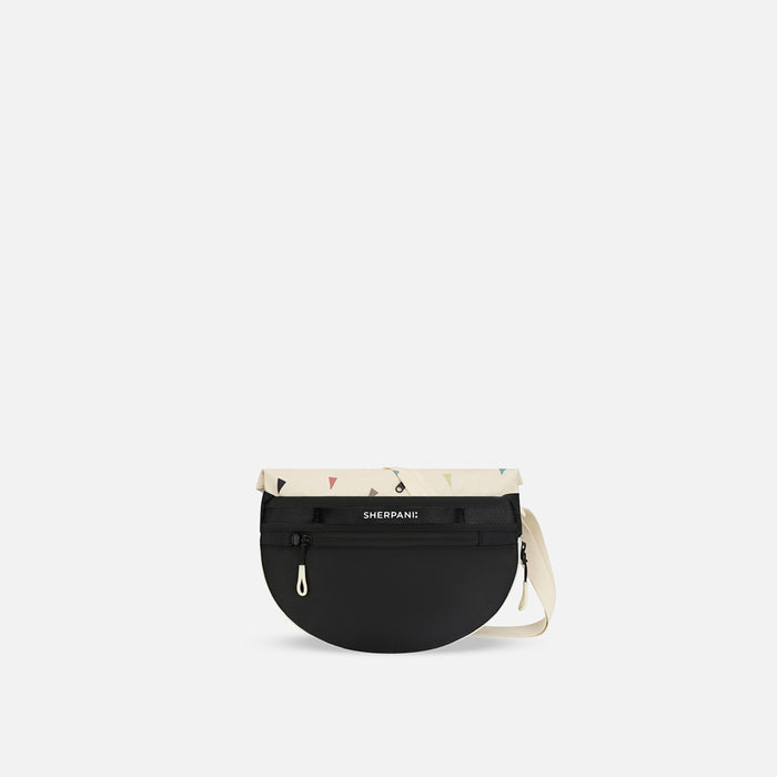 A Sherpani Milli Terrazzo Print Mini Messenger, back view against white backdrop.  #color_terrazzo-print
