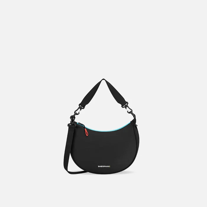 A Sherpani Mina Chromatic Black Medium Crossbody Bag, front view showing strap options on white background.  #color_chromatic-black