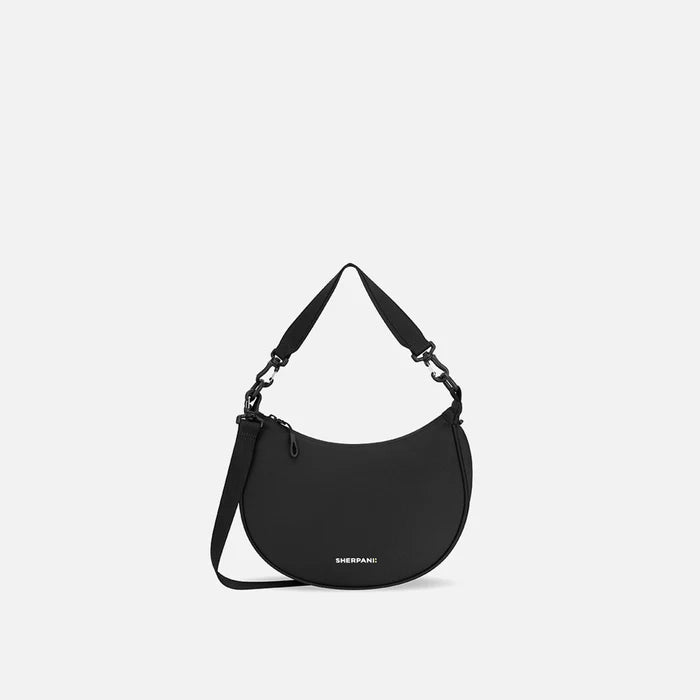 A Sherpani Mina Raven Black Medium Crossbody Bag, front view showing strap options on white background.  #color_raven-black