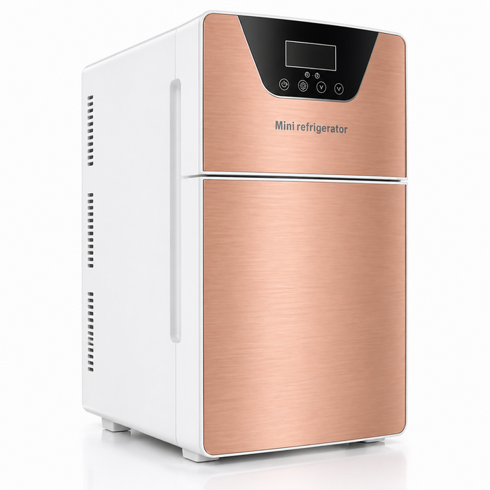 MINI NEVERA PORTÁTIL DIGITAL DOBLE COMPARTIMIENTO DE LUJO ENFRIADOR Y CALENTADOR COMPACTO (ORO ROSA)