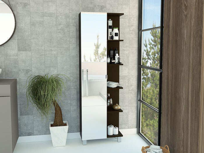 MUEBLE ESQUINERO ZENDAYA, WENGUE, CON ESPEJO Y VARIEDAD DE ENTREPAÑOS ZF